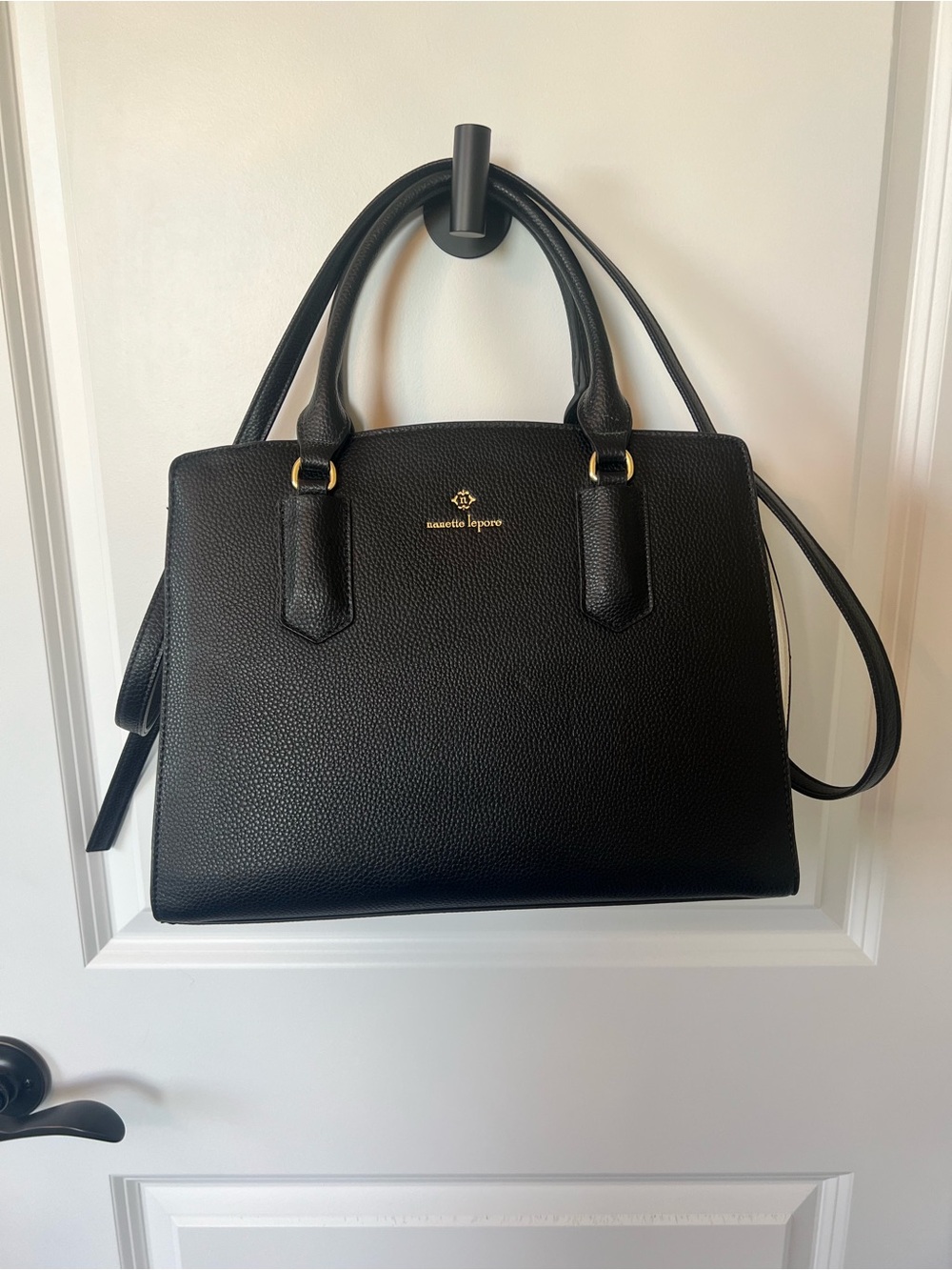 Nanette Lepore Black Pebbled Satchel with Gold Hardware